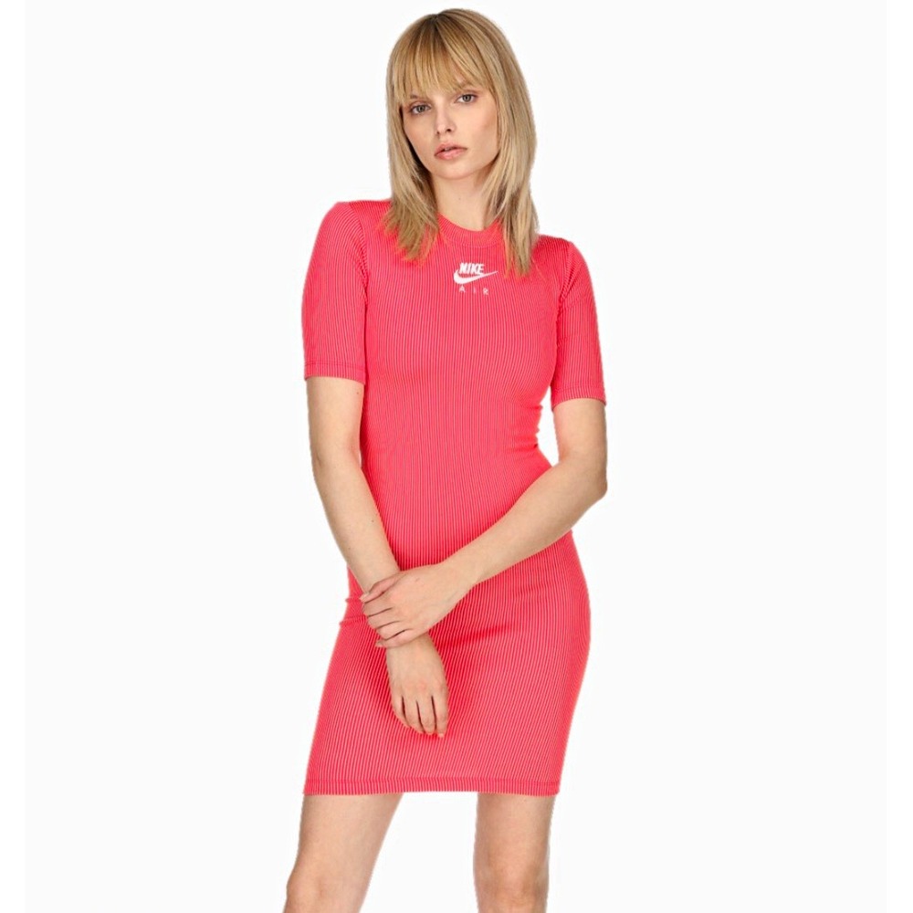 Nike Air Women's Orange Pink Ribbed Knit Striped Bodycon T-Shirt Dress Sz S
